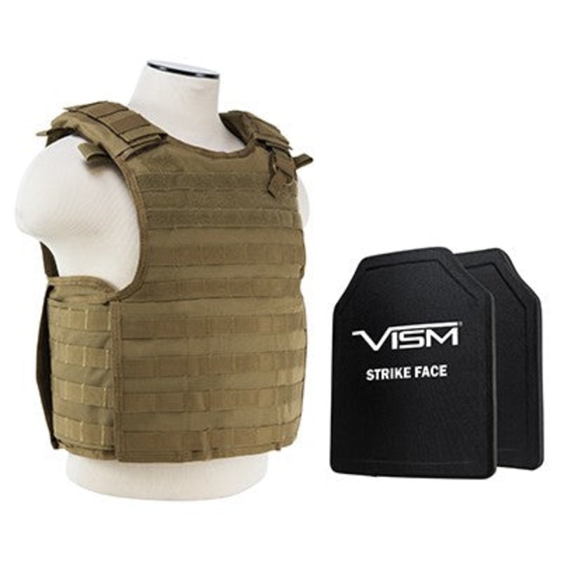 LEVEL III+ VISM by NcSTAR BPCVPCVQR2964T-A QUICK RELEASE PLATE CARRIER VEST WITH 10X12′ LEVEL III+ PE SHOOTERS CUT 2X HARD BALLISTIC PLATES/ TAN