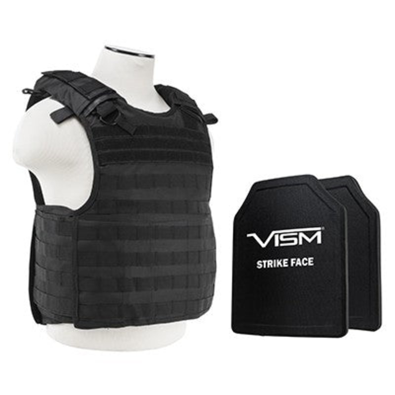 VISM LEVEL III+ BPCVPCVQR2964B-A QUICK RELEASE PLATE CARRIER VEST WITH 10X12′ LEVEL III+ PE SHOOTERS CUT 2X HARD BALLISTIC PLATES/ BLACK