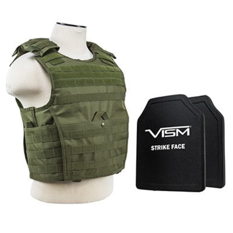 LEVEL III+ VISM by NcSTAR BPCVPCVX2963G-A EXPERT PLATE CARRIER VEST (MED-2XL) WITH 10X12′ LEVEL III+ PE SHOOTERS CUT 2X HARD BALLISTIC PLATES/ LARGE/ GREEN
