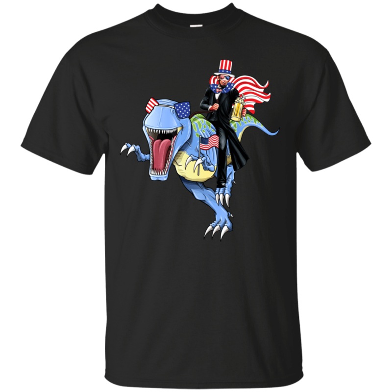 Military T-Shirt Lincoln Dinosaur Beer Merica Flag Front