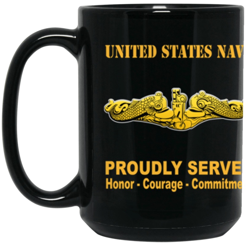 US Navy Submarine Warfare Officer Badge Proudly Served Core Values 15 oz. Black Mug