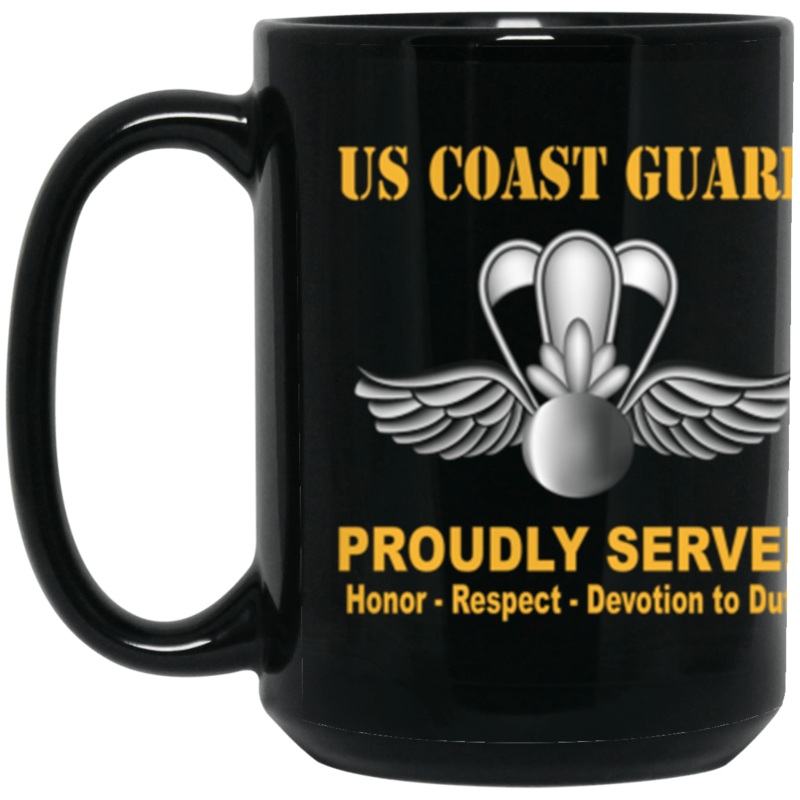 USCG USCG AVIATION SURVIVAL TECHNICIAN AST Logo Proudly Served Core Values 15 oz. Black Mug